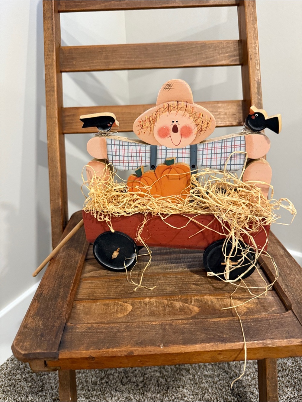 Primitive Wooden Scarecrow Pumpkin Wagon Fall Decor